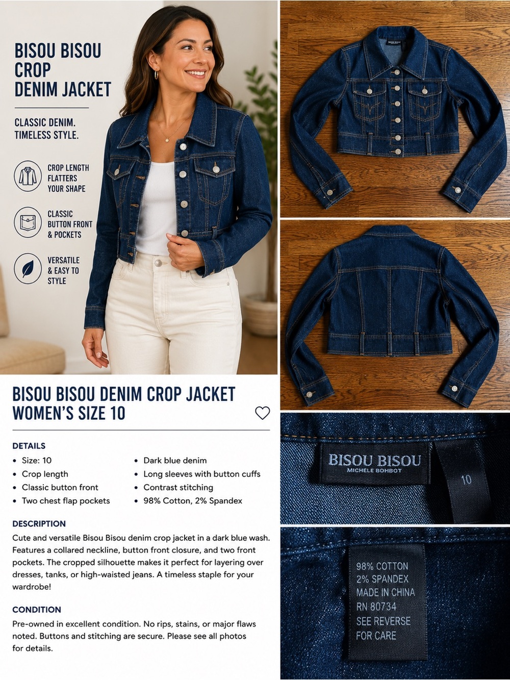 Bisou Bisou Dark Blue Cropped Denim Jacket